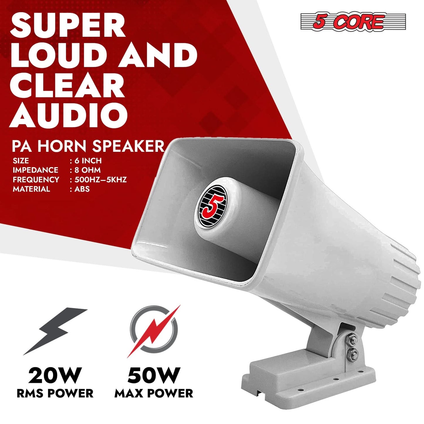 5 Core PA Speaker Pair 6 x 4" 50W Bull Horn Loud Audio Outdoor Speakers System 8Ohm Reflex Megaphone
